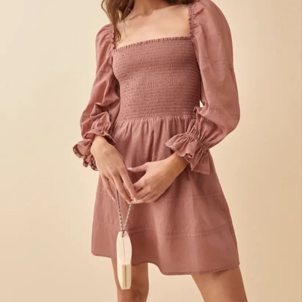 ❌SOLD❌ Reformation Dunes (Praline) Smocked Mini Dress Sz 12 - Picture 1 of 14
